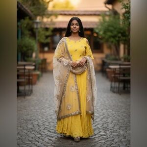 Preeti Sahni Designer Yellow Georgette Indian Anarkali with Dupatta